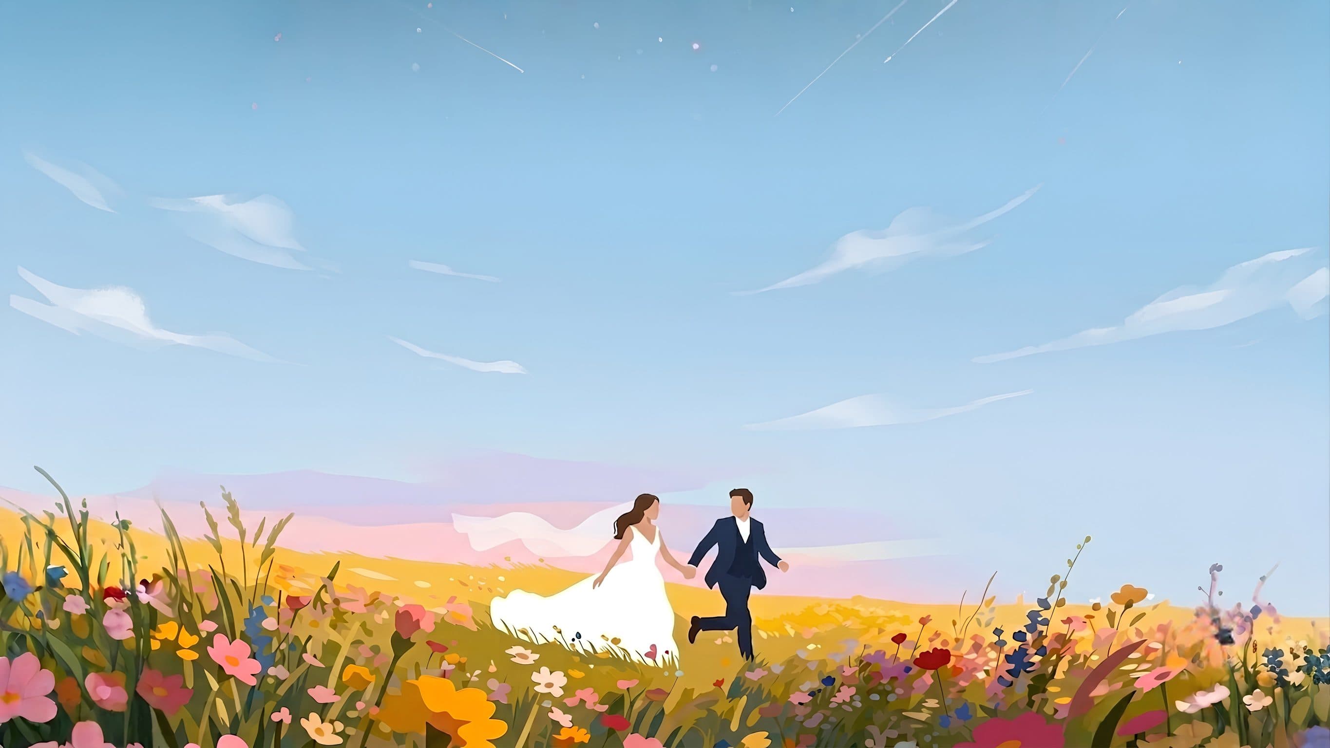Couple de mariés courant dans un champ de fleurs